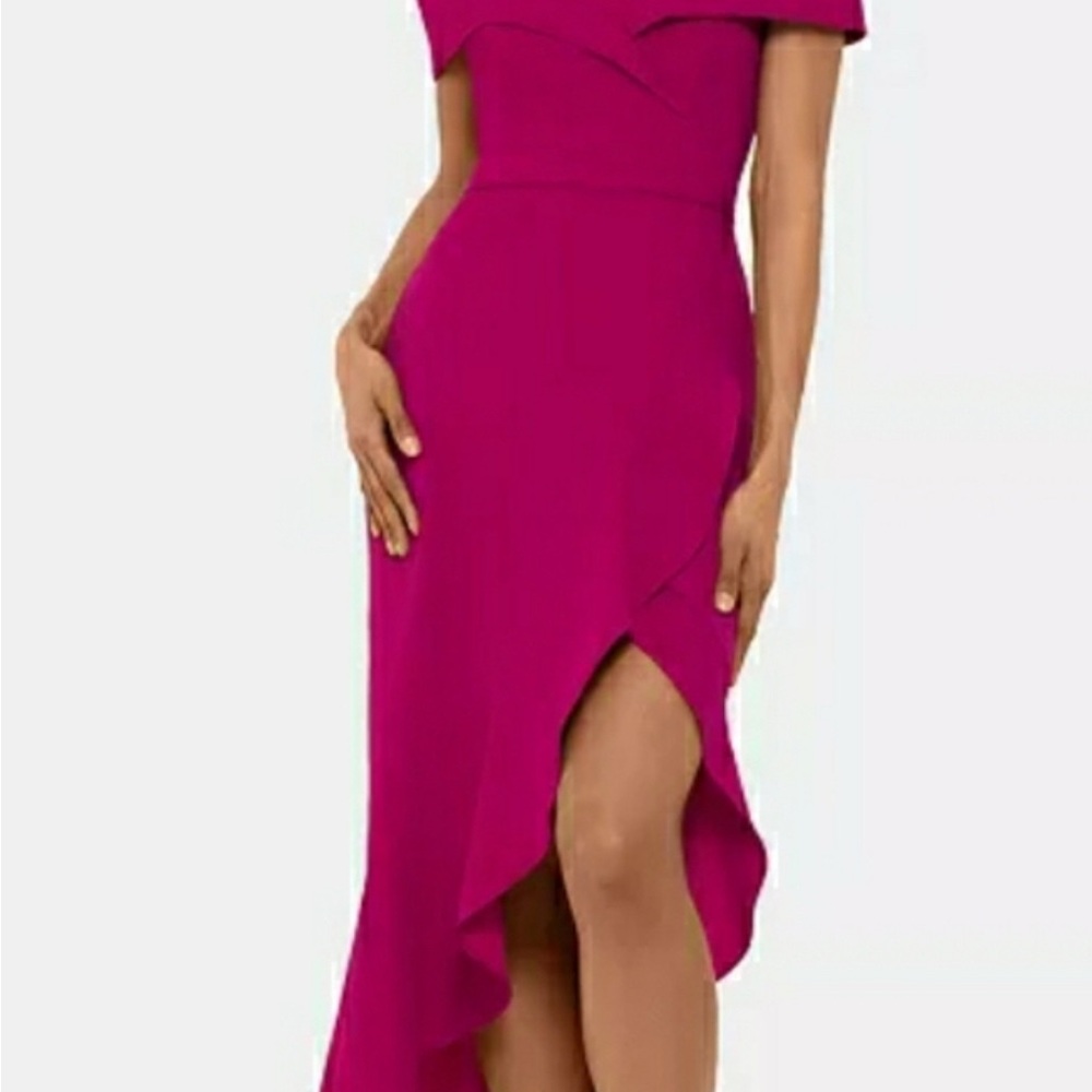 Xscape Off the Shoulder Asymmetrical High-Low Cocktail Dress